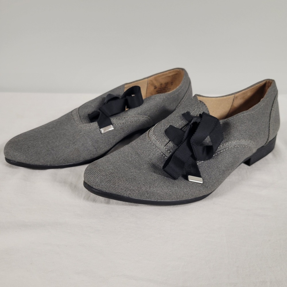 Womens Grey Canvas Derby Oxfords Black Ribbon Bow Accent Sz 9M
